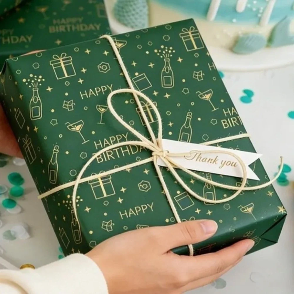 Lenpel Birthday Wrapping Paper Roll 17 Inch x 33 Feet Green Gold Foil Party Wrap